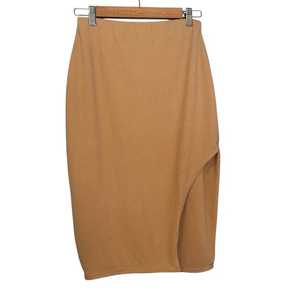 Missguided Tan Assymetrical Side Slit Midi Skirt Elastic Waist High Rise Sz 12 - Picture 1 of 9